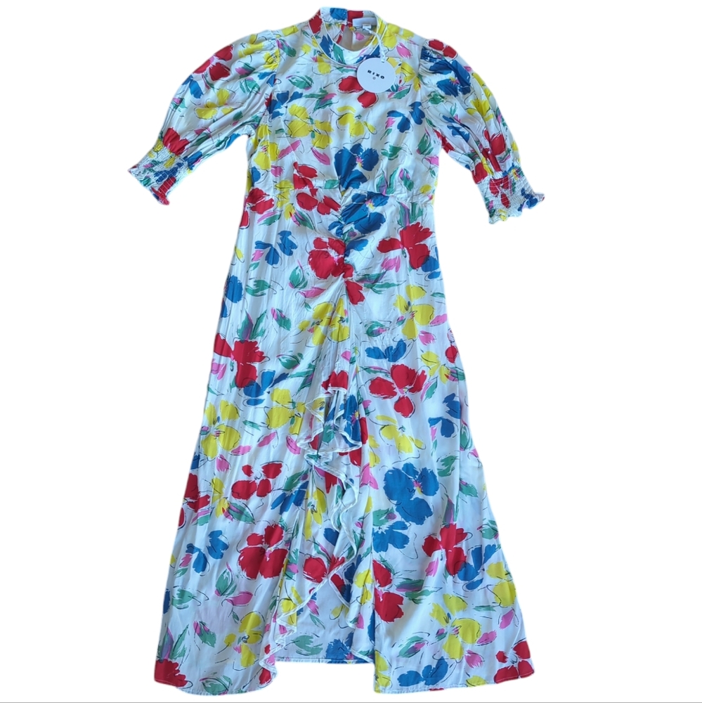 NWT Rixo /Target Floral Cascade Ruffle Lined Maxi Dress 10 White Blue
